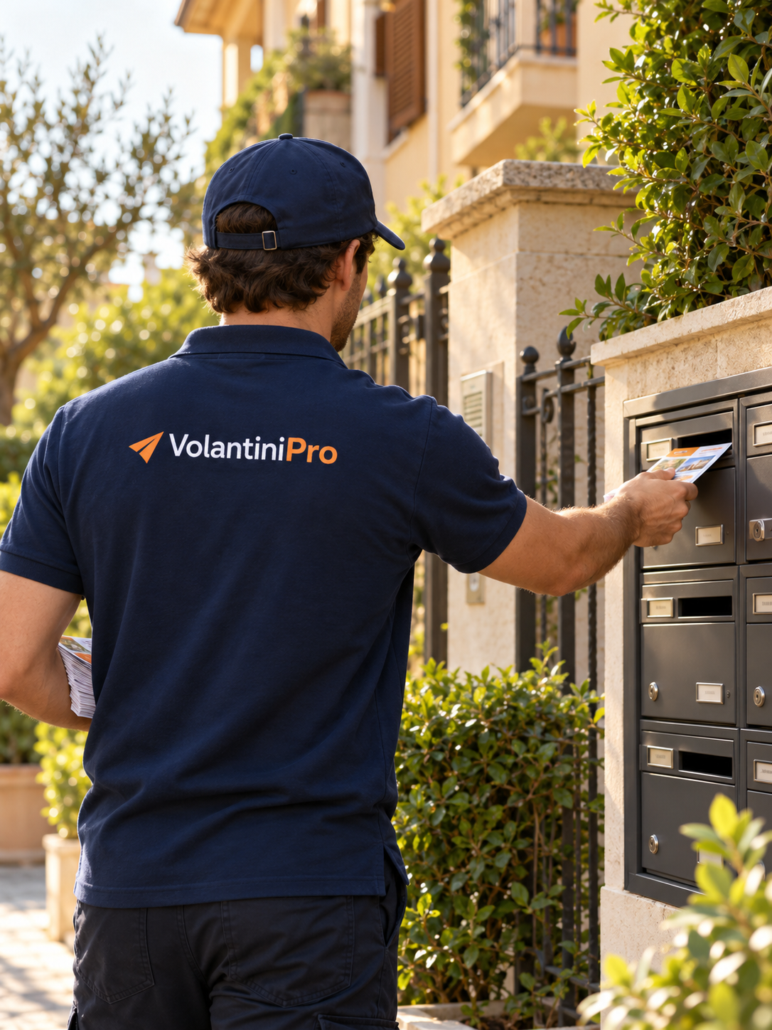 Illustrazione di un operatore VolantiniPro mentre distribuisce volantini nelle cassette postali
